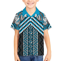 Maori Tukutuku Taniko Motifs Family Matching Puletasi and Hawaiian Shirt Turquoise Poutama Mix Kowhaiwhai