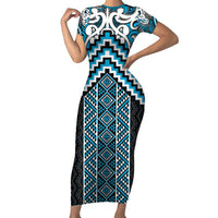 Maori Tukutuku Taniko Motifs Family Matching Short Sleeve Bodycon Dress and Hawaiian Shirt Turquoise Poutama Mix Kowhaiwhai