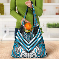 Maori Tukutuku Taniko Motifs Grocery Bag Turquoise Poutama Mix Kowhaiwhai