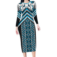 Maori Tukutuku Taniko Motifs Long Sleeve Bodycon Dress Turquoise Poutama Mix Kowhaiwhai