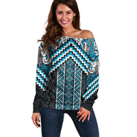 Maori Tukutuku Taniko Motifs Off Shoulder Sweater Turquoise Poutama Mix Kowhaiwhai