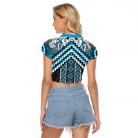 Maori Tukutuku Taniko Motifs Raglan Cropped T Shirt Turquoise Poutama Mix Kowhaiwhai