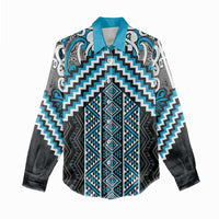 Maori Tukutuku Taniko Motifs Women Casual Shirt Turquoise Poutama Mix Kowhaiwhai