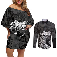 Polynesian Women's Day Couples Matching Off Shoulder Short Dress and Long Sleeve Button Shirt Plumeria Passion - Black LT7 Black - Polynesian Pride