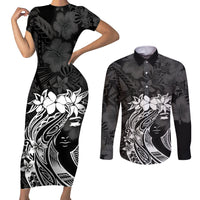 Polynesian Women's Day Couples Matching Short Sleeve Bodycon Dress and Long Sleeve Button Shirt Plumeria Passion - Black LT7 Black - Polynesian Pride