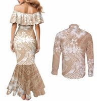 Polynesian Women's Day Couples Matching Mermaid Dress and Long Sleeve Button Shirt Plumeria Passion - Beige LT7 - Polynesian Pride