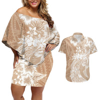 Polynesian Women's Day Couples Matching Off Shoulder Short Dress and Hawaiian Shirt Plumeria Passion - Beige LT7 Beige - Polynesian Pride