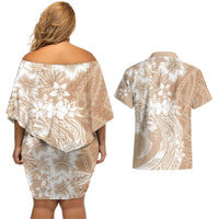 Polynesian Women's Day Couples Matching Off Shoulder Short Dress and Hawaiian Shirt Plumeria Passion - Beige LT7 - Polynesian Pride