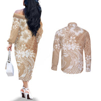 Polynesian Women's Day Couples Matching Off The Shoulder Long Sleeve Dress and Long Sleeve Button Shirt Plumeria Passion - Beige LT7 - Polynesian Pride