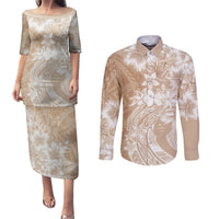 Polynesian Women's Day Couples Matching Puletasi and Long Sleeve Button Shirt Plumeria Passion - Beige LT7 Beige - Polynesian Pride