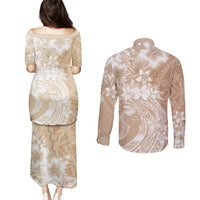 Polynesian Women's Day Couples Matching Puletasi and Long Sleeve Button Shirt Plumeria Passion - Beige LT7 - Polynesian Pride