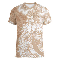 Polynesian Women's Day Women V Neck T Shirt Plumeria Passion - Beige LT7 Female Beige - Polynesian Pride