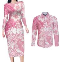 Polynesian Women's Day Couples Matching Long Sleeve Bodycon Dress and Long Sleeve Button Shirt Plumeria Passion - Pink LT7 Pink - Polynesian Pride