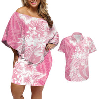 Polynesian Women's Day Couples Matching Off Shoulder Short Dress and Hawaiian Shirt Plumeria Passion - Pink LT7 Pink - Polynesian Pride