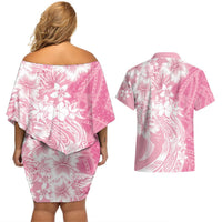 Polynesian Women's Day Couples Matching Off Shoulder Short Dress and Hawaiian Shirt Plumeria Passion - Pink LT7 - Polynesian Pride