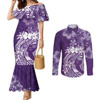 Polynesian Women's Day Couples Matching Mermaid Dress and Long Sleeve Button Shirt Plumeria Passion - Purple LT7 Purple - Polynesian Pride