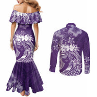 Polynesian Women's Day Couples Matching Mermaid Dress and Long Sleeve Button Shirt Plumeria Passion - Purple LT7 - Polynesian Pride