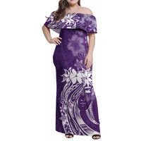 Polynesian Women's Day Family Matching Off Shoulder Maxi Dress and Hawaiian Shirt Plumeria Passion - Purple LT7 Mom's Dress Purple - Polynesian Pride