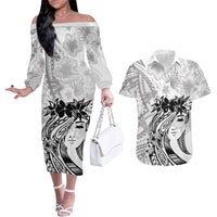 Polynesian Women's Day Couples Matching Off The Shoulder Long Sleeve Dress and Hawaiian Shirt Plumeria Passion - White LT7 White - Polynesian Pride