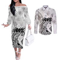 Polynesian Women's Day Couples Matching Off The Shoulder Long Sleeve Dress and Long Sleeve Button Shirt Plumeria Passion - White LT7 White - Polynesian Pride