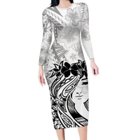Polynesian Women's Day Family Matching Long Sleeve Bodycon Dress and Hawaiian Shirt Plumeria Passion - White LT7 Mom's Dress White - Polynesian Pride