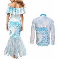 Polynesian Women's Day Couples Matching Mermaid Dress and Long Sleeve Button Shirt Plumeria Passion - Turquoise LT7 - Polynesian Pride