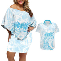 Polynesian Women's Day Couples Matching Off Shoulder Short Dress and Hawaiian Shirt Plumeria Passion - Turquoise LT7 Turquoise - Polynesian Pride