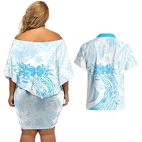 Polynesian Women's Day Couples Matching Off Shoulder Short Dress and Hawaiian Shirt Plumeria Passion - Turquoise LT7 - Polynesian Pride