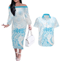 Polynesian Women's Day Couples Matching Off The Shoulder Long Sleeve Dress and Hawaiian Shirt Plumeria Passion - Turquoise LT7 Turquoise - Polynesian Pride
