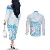 Polynesian Women's Day Couples Matching Off The Shoulder Long Sleeve Dress and Long Sleeve Button Shirt Plumeria Passion - Turquoise LT7 - Polynesian Pride