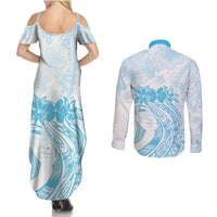 Polynesian Women's Day Couples Matching Summer Maxi Dress and Long Sleeve Button Shirt Plumeria Passion - Turquoise LT7 - Polynesian Pride