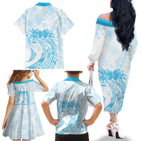 Polynesian Women's Day Family Matching Off Shoulder Long Sleeve Dress and Hawaiian Shirt Plumeria Passion - Turquoise LT7 - Polynesian Pride