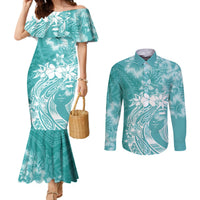 Polynesian Women's Day Couples Matching Mermaid Dress and Long Sleeve Button Shirt Plumeria Passion - Teal LT7 Teal - Polynesian Pride