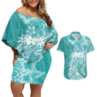 Polynesian Women's Day Couples Matching Off Shoulder Short Dress and Hawaiian Shirt Plumeria Passion - Teal LT7 Teal - Polynesian Pride