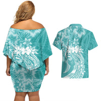 Polynesian Women's Day Couples Matching Off Shoulder Short Dress and Hawaiian Shirt Plumeria Passion - Teal LT7 - Polynesian Pride