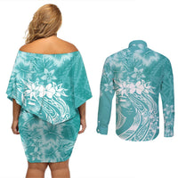 Polynesian Women's Day Couples Matching Off Shoulder Short Dress and Long Sleeve Button Shirt Plumeria Passion - Teal LT7 - Polynesian Pride