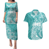 Polynesian Women's Day Couples Matching Puletasi and Hawaiian Shirt Plumeria Passion - Teal LT7 Teal - Polynesian Pride