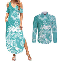 Polynesian Women's Day Couples Matching Summer Maxi Dress and Long Sleeve Button Shirt Plumeria Passion - Teal LT7 Teal - Polynesian Pride