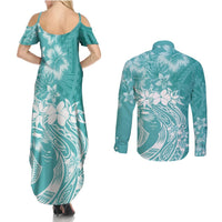Polynesian Women's Day Couples Matching Summer Maxi Dress and Long Sleeve Button Shirt Plumeria Passion - Teal LT7 - Polynesian Pride
