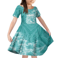 Polynesian Women's Day Family Matching Off Shoulder Long Sleeve Dress and Hawaiian Shirt Plumeria Passion - Teal LT7 Daughter's Dress Teal - Polynesian Pride