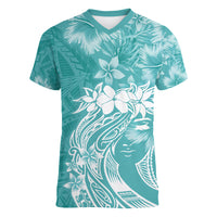 Polynesian Women's Day Women V Neck T Shirt Plumeria Passion - Teal LT7 Female Teal - Polynesian Pride
