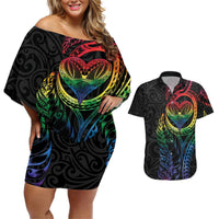 New Zealand Pride Couples Matching Off Shoulder Short Dress and Hawaiian Shirt Takatapui Rainbow Fern LT7 Colorful - Polynesian Pride