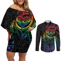 New Zealand Pride Couples Matching Off Shoulder Short Dress and Long Sleeve Button Shirt Takatapui Rainbow Fern