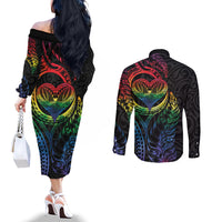 New Zealand Pride Couples Matching Off The Shoulder Long Sleeve Dress and Long Sleeve Button Shirt Takatapui Rainbow Fern