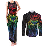 New Zealand Pride Couples Matching Tank Maxi Dress and Long Sleeve Button Shirt Takatapui Rainbow Fern