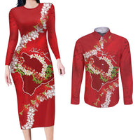 Hawaii Island Flowers Lei Couples Matching Long Sleeve Bodycon Dress and Long Sleeve Button Shirt Ohia Lehua Scarlet Red