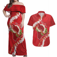 Hawaii Island Flowers Lei Couples Matching Off Shoulder Maxi Dress and Hawaiian Shirt Ohia Lehua Scarlet Red