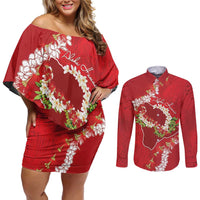 Hawaii Island Flowers Lei Couples Matching Off Shoulder Short Dress and Long Sleeve Button Shirt Ohia Lehua Scarlet Red