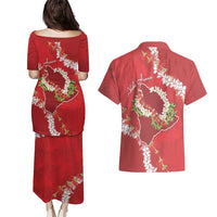 Hawaii Island Flowers Lei Couples Matching Puletasi and Hawaiian Shirt Ohia Lehua Scarlet Red