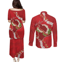 Hawaii Island Flowers Lei Couples Matching Puletasi and Long Sleeve Button Shirt Ohia Lehua Scarlet Red